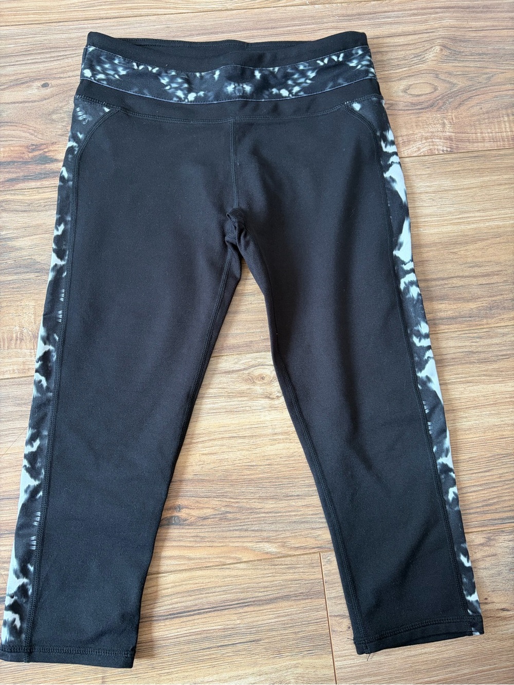 Fabletics Black Capri Leggings with Gray Tie-Dye Side Panels